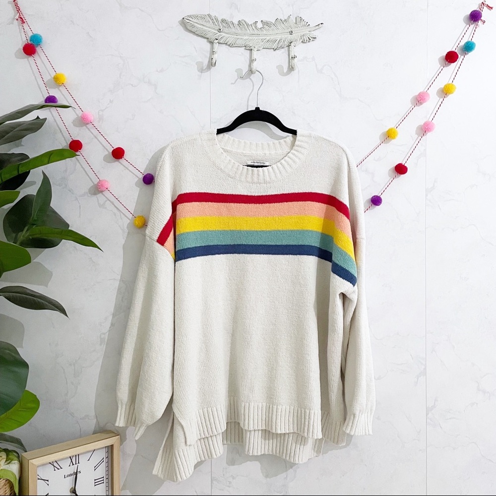 American Eagle Outfitters Cream Sweater with Rainbow Stripes